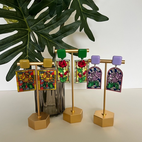 Art Nouveau Floral Stained Glass Earrings- Dangle Retro Flower Earrings - Picture 5 of 16